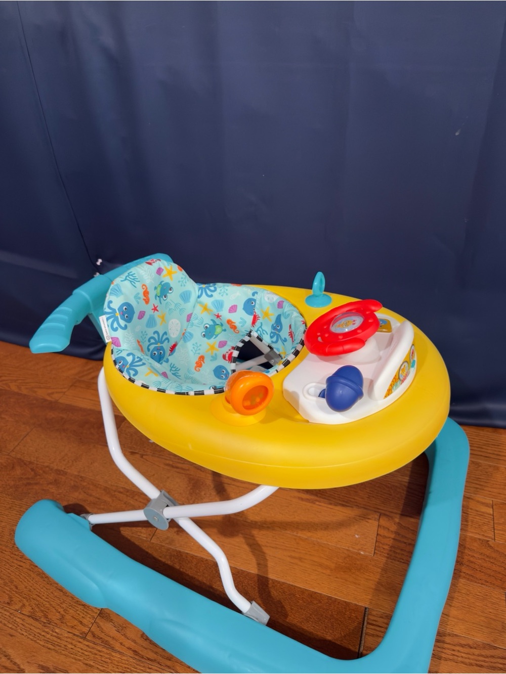 Yellow & Teal Baby Activity Walker with Ocean-Print Seat